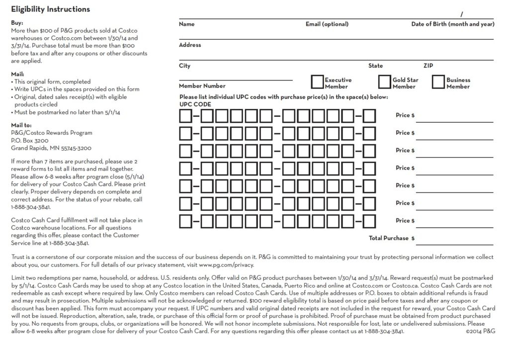 Costco P G Rebate Form Printable Rebate Form