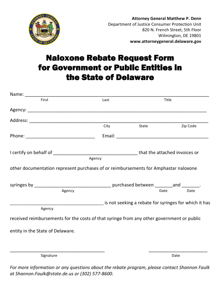 Delaware Naloxone Rebate Request Form For Government Or Public Entitles 