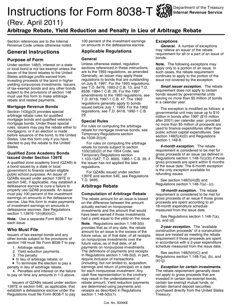 Download Instructions For IRS Form 8038 T Arbitrage Rebate Yield 