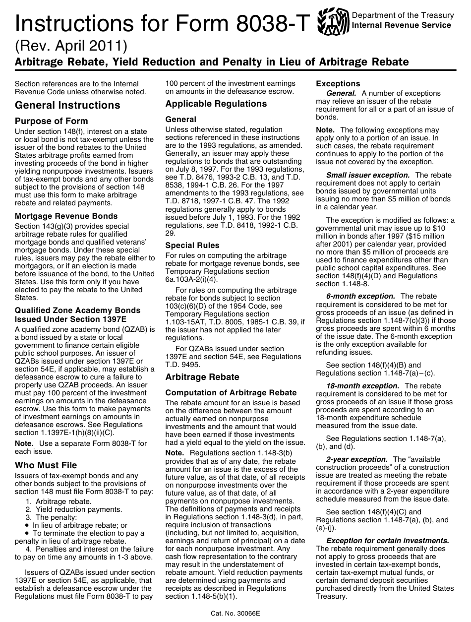 Download Instructions For IRS Form 8038 T Arbitrage Rebate Yield 