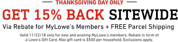 Lowes Thanksgiving 2018 15 Back Via Rebate Sitewide