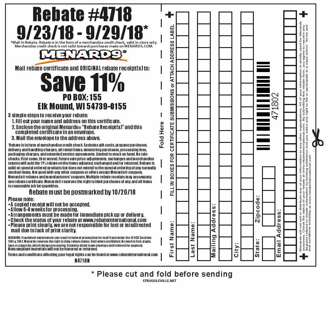 Menards 11 Rebate 4718 Purchases 9 23 18 9 29 18 Struggleville