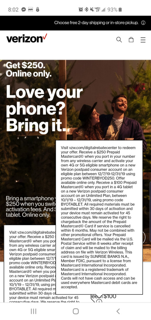 Still A 250 Rebate For New Line BYOD Verizon