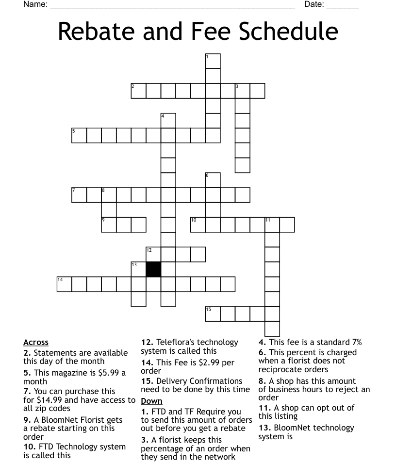 Rebate And Fee Schedule Crossword WordMint